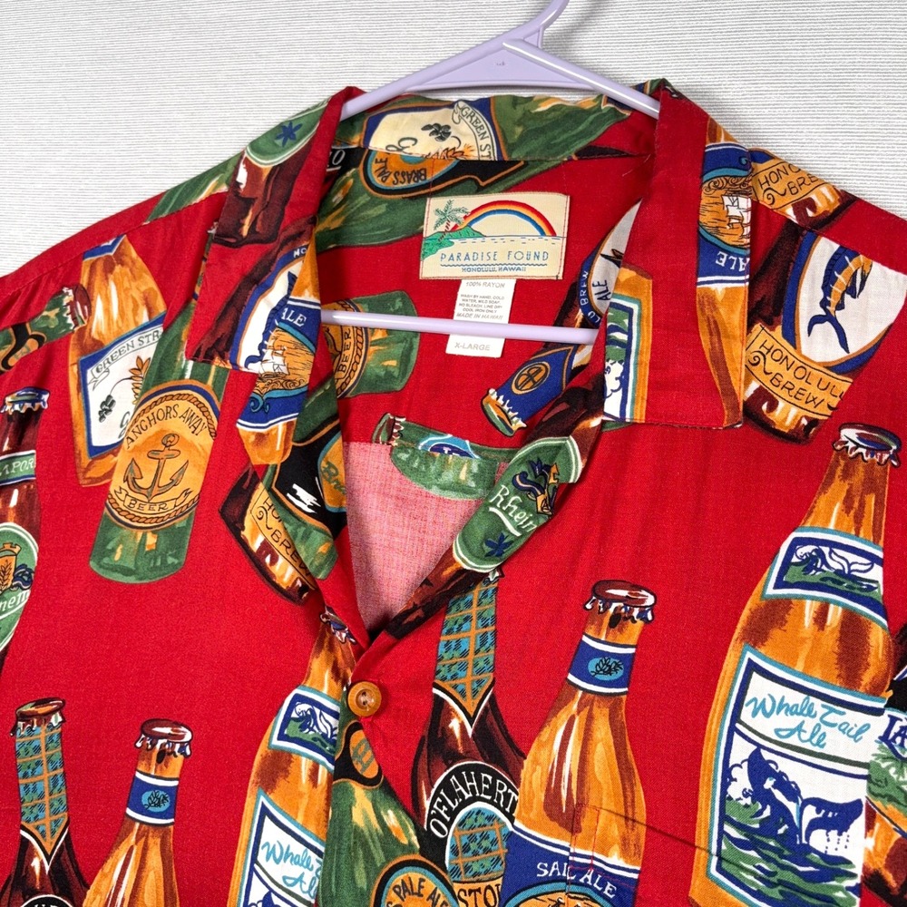 Paradise Found Hawaiian Shirt Mens XL Red Rayon Short Sleeve Beer Bottles